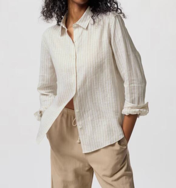 Uniqlo Tops - Uniqlo Womens Beige Premium Linen Shirt Striped Size XL Long Sleeve Button Down